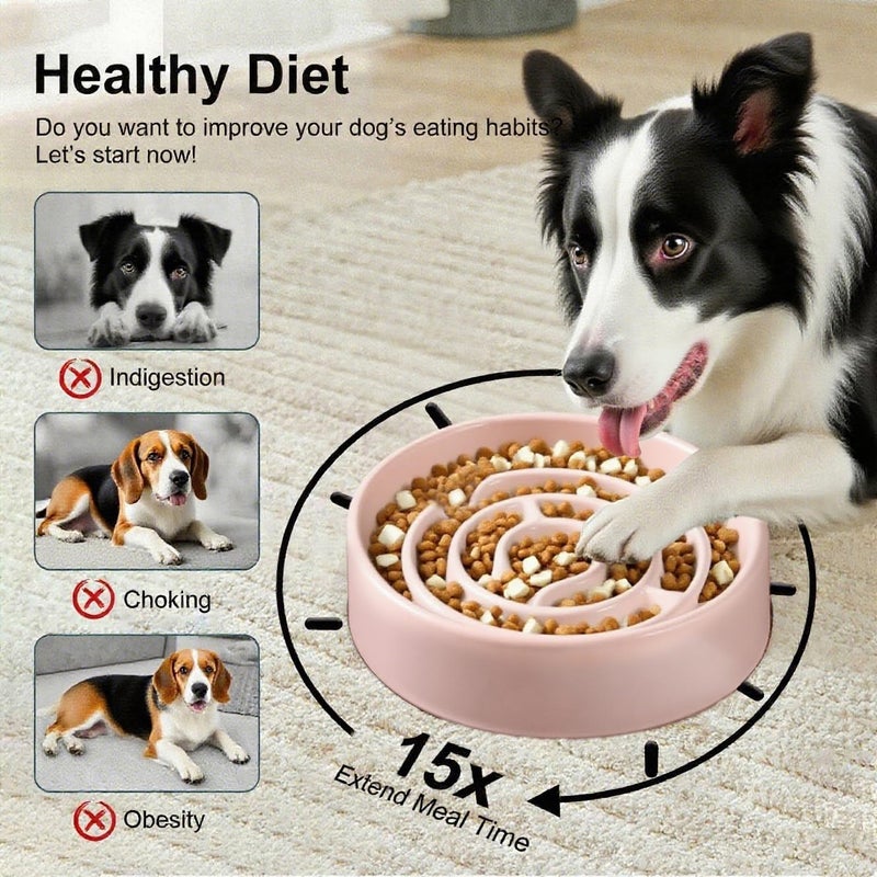 F'DIARY Ceramic Slow Feeder Dog Bowls with Anti-Slip, Slow Feeder & Non-Slip Design, Boredom and Anxiety Reducer, Suitable for All Breed Dogs and Cat (Ceramic-Pink) - Image 3